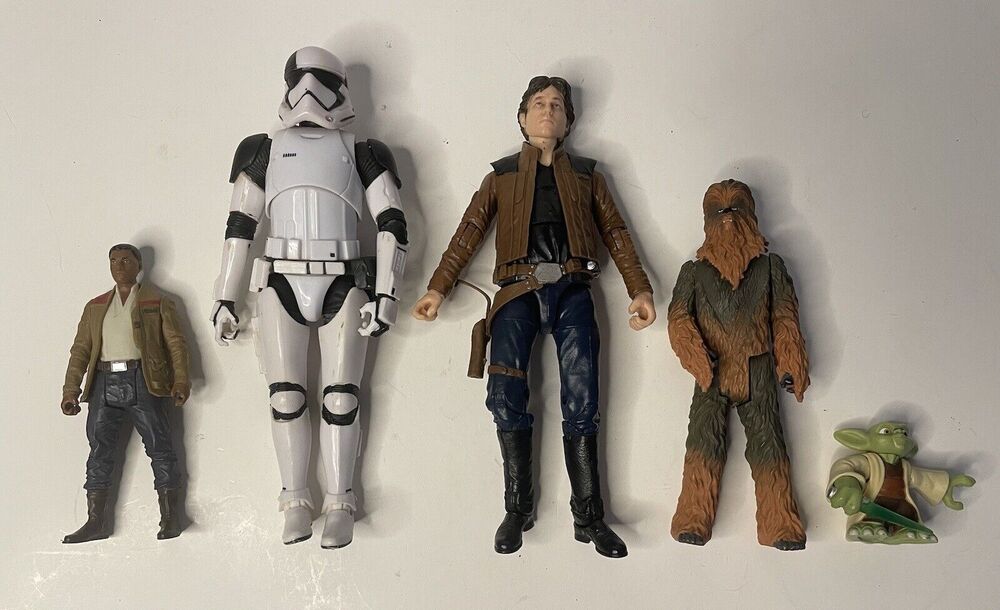 Star Wars Action Figures Lot Of 5 Yoda + Luke + Stormtrooper + Chewbacca + Finn